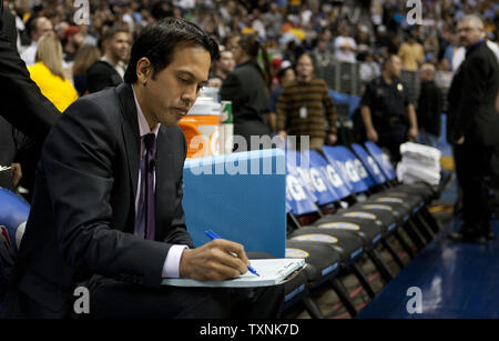 Miami Heat head coach Erik Spoelstra works on game plays before the start of game against the Denver Nuggets at the Pepsi Center on November 15, 2012 in Denver.   UPI/Gary C. Caskey Stock Photo