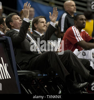 Houston Rockets head coach Kevin McHale reacts to a call against the Denver Nuggets during the third quarter at the Pepsi Center on January 30, 2013 in Denver.   The Nuggets beat the Rockets 118-110.      UPI/Gary C. Caskey Stock Photo