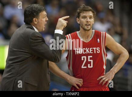 Houston Rockets head coach Kevin McHale talks to forward Chandler Parsons during the second half against the Denver Nuggets at the Pepsi Center on January 30, 2013 in Denver.   The Nuggets beat the Rockets 118-110.      UPI/Gary C. Caskey Stock Photo