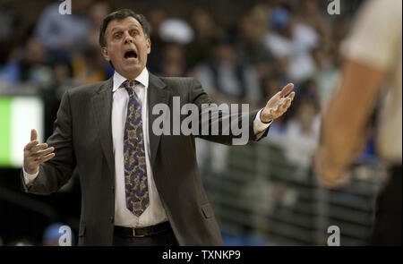 Houston Rockets head coach Kevin McHale gestures during the first quarter on a play against the Denver Nuggets at the Pepsi Center on January 30, 2013 in Denver.       UPI/Gary C. Caskey Stock Photo