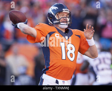 Denver Broncos quarterback Peyton Manning (18) throws a pass against the  Seattle Seahawks during the Super Bowl XLVIII at MetLife Stadium in East  Rutherford, New Jersey on February 2, 2014. The Seattle