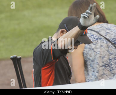 Miami Marlins outfielder Ichiro Suzuki waves to fans after finishing batting practice at Coors Field in Denver on August 6, 2016.  Marlins outfielder Suzuki is two hits away from reaching the 3,000 hit milestone.  Photo by Gary C. Caskey/UPI Stock Photo