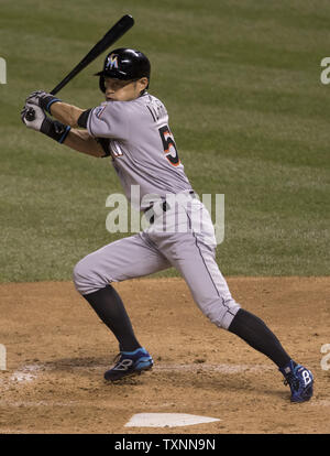 Miami Marlins outfielder Ichiro Suzuki hits his 2,999th hit during the eighth inning against the Colorado Rockies at Coors Field in Denver on August 6, 2016.  Marlins outfielder Suzuki is two hits away from reaching the 3,000 hit milestone.  Photo by Gary C. Caskey/UPI Stock Photo