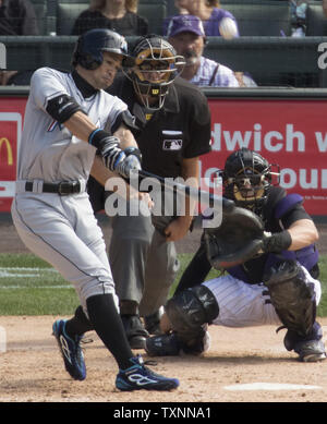 Miami Marlins outfielder Ichiro Suzuki hits a triple in the seventh inning to notch his 3,000 career hit at Coors Field in Denver on August 7, 2016.  Ichiro becomes the 30th player in Major League history to record 3,000 hits.  Photo by Gary C. Caskey/UPI Stock Photo