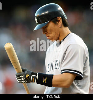 Hideki Matsui watches his fourth inning single to centerfield in the Yankees  14-2 loss to the Texas Rangers in their baseball game at Yankee Stadium in  New York, Thursday,May 10, 2007. (AP