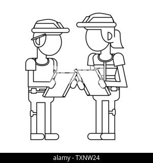 Construction workers with tools cartoons in black and white faceless Stock Vector