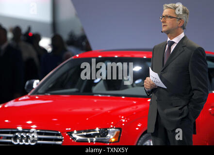 Rupert Stadler, Chairman of the Board of Audi AG introduces the new Audi S4 at the 2012 North American International Auto Show at the Cobo Center in Detroit, January 9, 2012. UPI/Mark Cowan Stock Photo