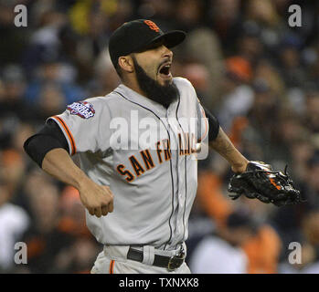 San Francisco Giants' Sergio Romo celebrates after the final out