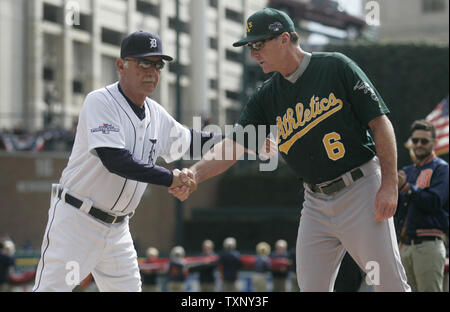 Detroit Tigers manager Jim Leyland (L) and Oakland Athletics manager Bob Melvin shake hands before the start of game 3 of the ALDS against the Oakland Athletics at Comerica Park in Detroit on October 7, 2013. UPI/Rebecca Cook Stock Photo