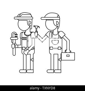 Construction workers with tools cartoons in black and white faceless Stock Vector
