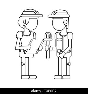 Construction workers with tools cartoons in black and white faceless Stock Vector