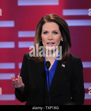 Republican Presidential candidate Michele Bachmann takes part in the ABC News GOP Debate at Sheslow Hall on the campus of Drake University, Saturday December 10, 2011 in Des Moines, Iowa. The Iowa Caucus for the Republican presidential nomination is less than a month away on January 3, 2012.  UPI/Steve Pope Stock Photo