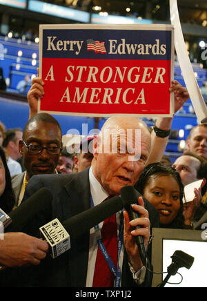 Former U.S. Senator John Glenn casts the votes for  the state of Ohio for democratic presidential hopeful John Kerry, putting Kerry over the top for the nomination at the Democratic National Convention at the FleetCenter in Boston on July 28, 2004.  (UPI Photo/Bill Greenblatt) Stock Photo