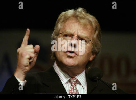 An emotional Jerry Springer tells the Kids For Kerry Youth Caucus about the importance of this year's election at the John B. Hynes Veterans Memorial Convention Center in Boston on July 29, 2004.  (UPI Photo/Bill Greenblatt) Stock Photo