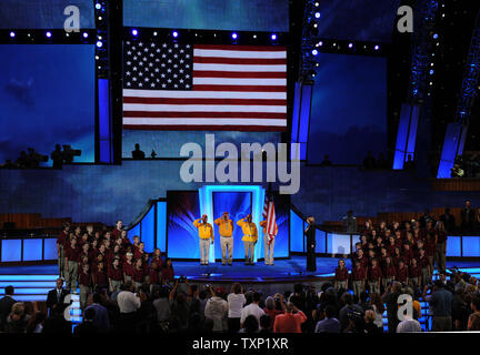 Members of the Navajo Code Talkers Association participate in the Honor Guard as members of the Colorado Kids Corral sing the National Anthem during the opening ceremony of the first day of the Democratic National Convention in the Pepsi Center in Denver on August 25, 2008. (UPI Photo/Kevin Dietsch) Stock Photo