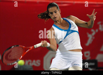 France's Amelie Mauresmo in action against Serbia's Jelena Jankovic, before Jankovic twisted her ankle forcing her to leave the match, during their semi-final match at the Dubai Duty Free Women's Tennis Open on February 23, 2007. Mauresmo goes on to face Belgium's Justine Henin in the final tomorrow. (UPI Photo/Norbert Schiller) Stock Photo