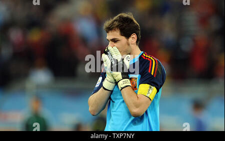 Iker Casillas of Spain reacts following his side's winning goal during the FIFA World Cup Semi Final match at the Moses Mabhida Stadium in Durban, South Africa on July 7, 2010. UPI/Chris Brunskill Stock Photo