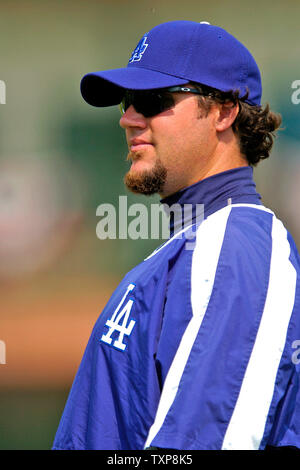 Los Angeles Dodgers pitcher Eric Gagne stretches out prior to a Spring Training game against the Washington Nationals at Holeman Stadium in Vero Beach, Florida, on March 19, 2006. (UPI Photo/Ed Wolfstein) Stock Photo