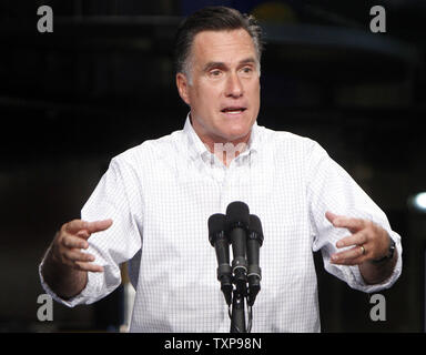 Presumptive Republican presidential nominee Mitt Romney gestures during a speech at Acme Industries August 7, 2012 in Elk Grove Village, Illinois. Romney is in President Barack Obama's home state for two fundraisers in advance of the November 4 general election. UPI Photo/Frank Polich Stock Photo