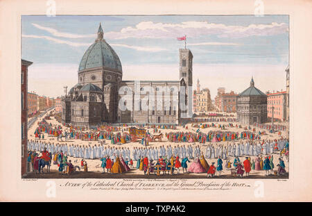 A View of the Cathedral Church of Florence and the Grand Procession of the Host.  After a hand-coloured engraving published in London, 1750. Stock Photo