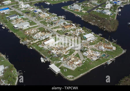 Punta Gorda, Fla., seen in this Aug. 18, 2004, aerial photo, was ravaged when Hurricane Charlie swept through the area late last week. The damage to homes and businesses is estimated at over $1 billion.    (UPI Photo/Tom Curtis) Stock Photo