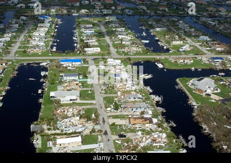 Punta Gorda, Fla., seen in this Aug. 18, 2004, aerial photo, was ravaged when Hurricane Charlie swept through the area late last week. The damage to homes and businesses is estimated at over $1 billion.    (UPI Photo/Tom Curtis) Stock Photo
