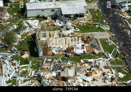 Many homes in Punta Gorda, Fla., as seen on Aug. 18, 2004, were demolished when Hurricane Charlie swept through the area late last week. The damage to homes and businesses is estimated at over $1 billion.    (UPI Photo/Tom Curtis) Stock Photo
