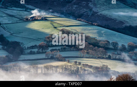 Fields above Hope in early mists Stock Photo