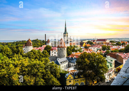 Late afternoon sunset view overlooking the medieval walled city of Tallinn Estonia on an early autumn day in the Baltics region of Northern Europe. Stock Photo