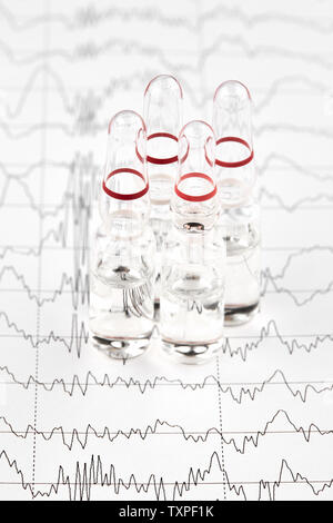 Close-up photo of ampoules with medicine on EKG graph. Stock Photo