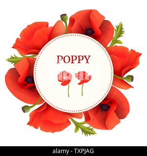 Poppy red flowers Round Circle badge. leaves and pods. Day of Remembrance. Vector illustration. Stock Vector
