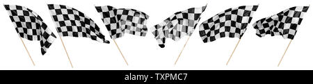 Set collection of waving black white chequered flag with wooden stick motorsport sport and racing concept isolated background Stock Photo