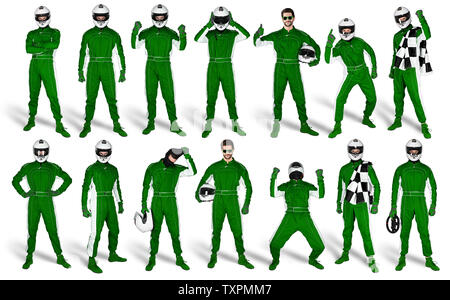 Set Collection of race driver with green overall saftey crash helmet and chequered checkered flag isolated on white background. motorsport car racing Stock Photo