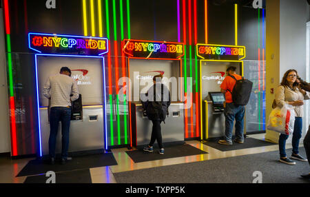 A branch of Capital One Bank in Union Square in New York is enthusiastically decorated for Stonewall 50/ Pride Month on Friday, June 14, 2019.  (© Richard B. Levine) Stock Photo