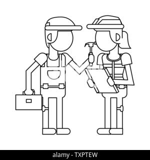 Construction workers with tools cartoons in black and white faceless Stock Vector