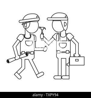 Construction workers with tools cartoons in black and white faceless Stock Vector