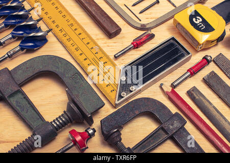 composition of various mechanical tools related to the trade of carpenter.Real and used objects. Stock Photo
