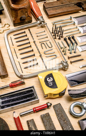 composition of various mechanical tools related to the trade of carpenter.Real and used objects. Stock Photo