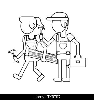 Construction workers with tools cartoons in black and white faceless Stock Vector