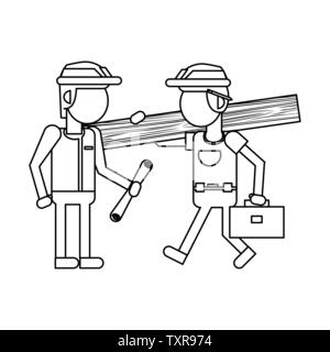 Construction workers with tools cartoons in black and white faceless Stock Vector