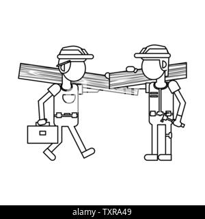 Construction workers with tools cartoons in black and white faceless Stock Vector