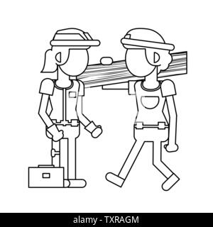 Construction workers with tools cartoons in black and white faceless Stock Vector