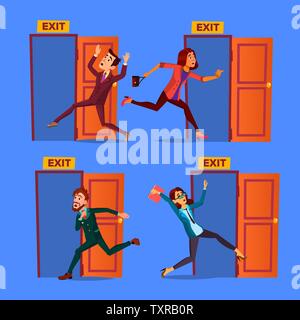 Character Evacuation To Open Door Exit Set Vector Stock Vector