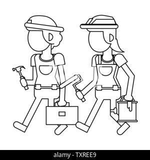 Construction workers with tools cartoons in black and white faceless Stock Vector