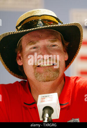 Former Boston Red Sox Wade Boggs chuckles as he tells a story during a press conference at Cooperstown High School in Cooperstown, NY on July 30, 2005. Boggs and former Chicago Cub Ryne Sandberg will be inducted into the Baseball Hall of Fame as the class of 2005 on July 31, 2005. (UPI Photo/Bill Greenblatt) Stock Photo