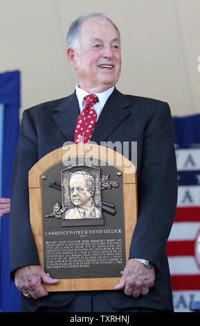 Newly elected member to the National Baseball Hall of Fame Pat Gillick holds his placque following induction ceremonies in Cooperstown, New York on July 24, 2011.   UPI/Bill Greenblatt Stock Photo