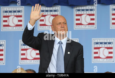 National Baseball Hall of Fame member Cal Ripkin Jr. waves as he is introduced before induction ceremonies in Cooperstown, New York on July 27, 2014.  UPI/Bill Greenblatt Stock Photo
