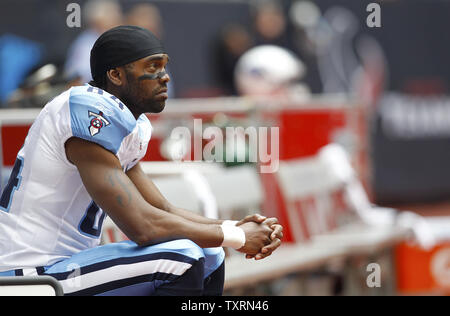 Tennessee Titans wide receiver Randy Moss (84) watches from the sideline in  overtime during an NFL football game against the Washington Redskins on  Sunday, Nov. 21, 2010, in Nashville, Tenn. The Redskins