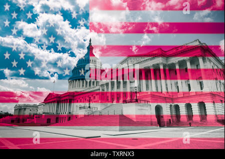 Abstract overlay of American flag against the Washington DC, USA skyline at Capitol Hill