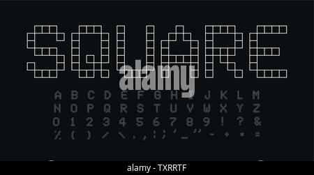 Square shapes letters and numbers set. Geometrical simple linear style vector latin alphabet. Font for events, promotions, logos, banner, monogram and Stock Vector